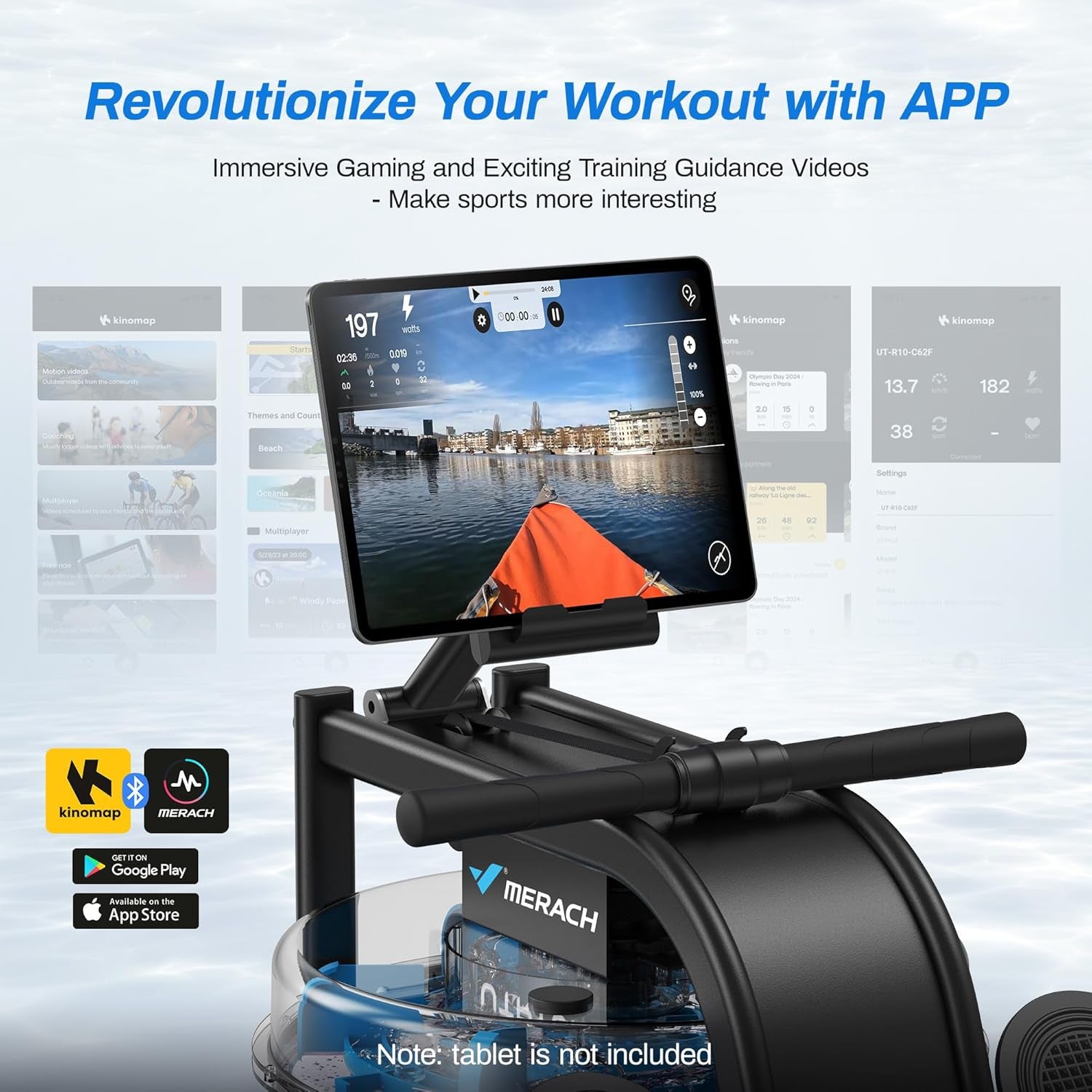 Rowing Machine for Home Gym, Fitness Rower Machine with 6 Levels of Water Resistance, Built-In Monitor, Max 150 Kg Weight Capacity, App Compatible