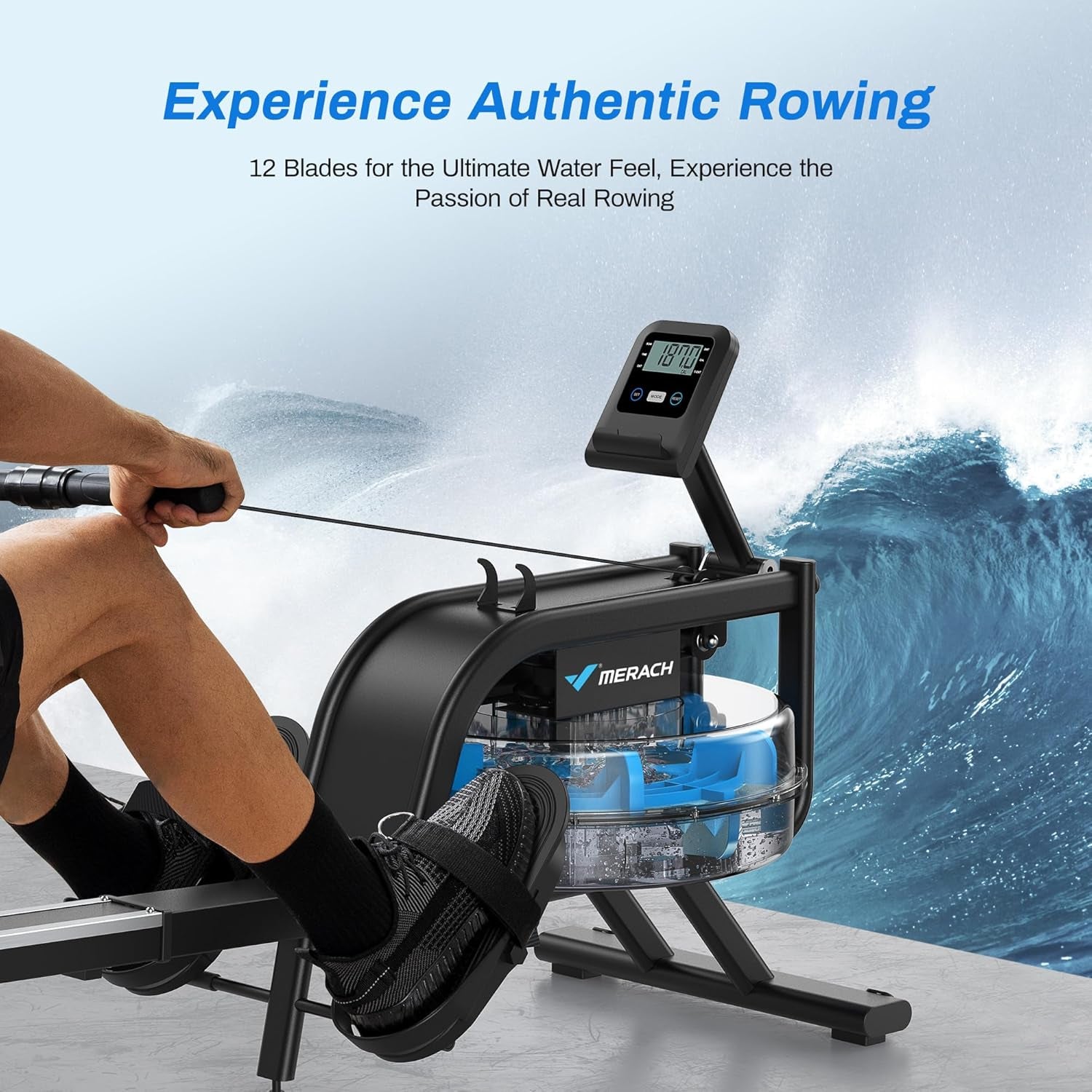 Rowing Machine for Home Gym, Fitness Rower Machine with 6 Levels of Water Resistance, Built-In Monitor, Max 150 Kg Weight Capacity, App Compatible