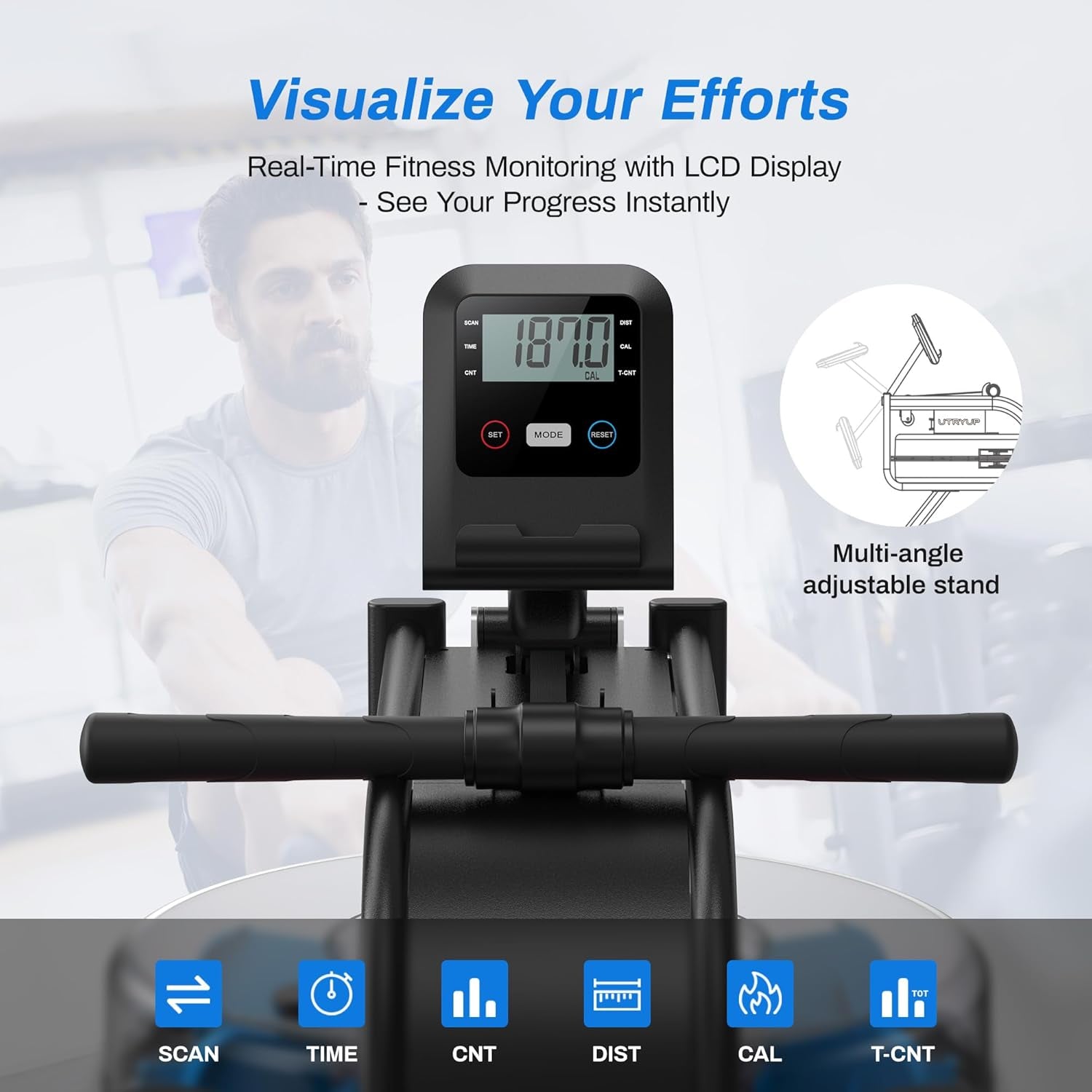 Rowing Machine for Home Gym, Fitness Rower Machine with 6 Levels of Water Resistance, Built-In Monitor, Max 150 Kg Weight Capacity, App Compatible