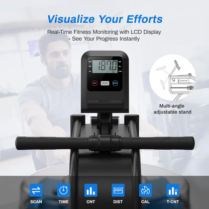 Rowing Machine for Home Gym, Fitness Rower Machine with 6 Levels of Water Resistance, Built-In Monitor, Max 150 Kg Weight Capacity, App Compatible