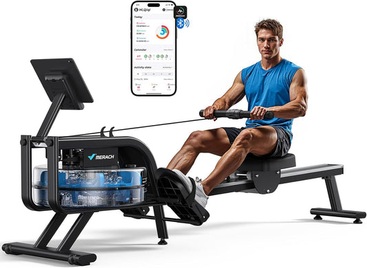 Rowing Machine for Home Gym, Fitness Rower Machine with 6 Levels of Water Resistance, Built-In Monitor, Max 150 Kg Weight Capacity, App Compatible