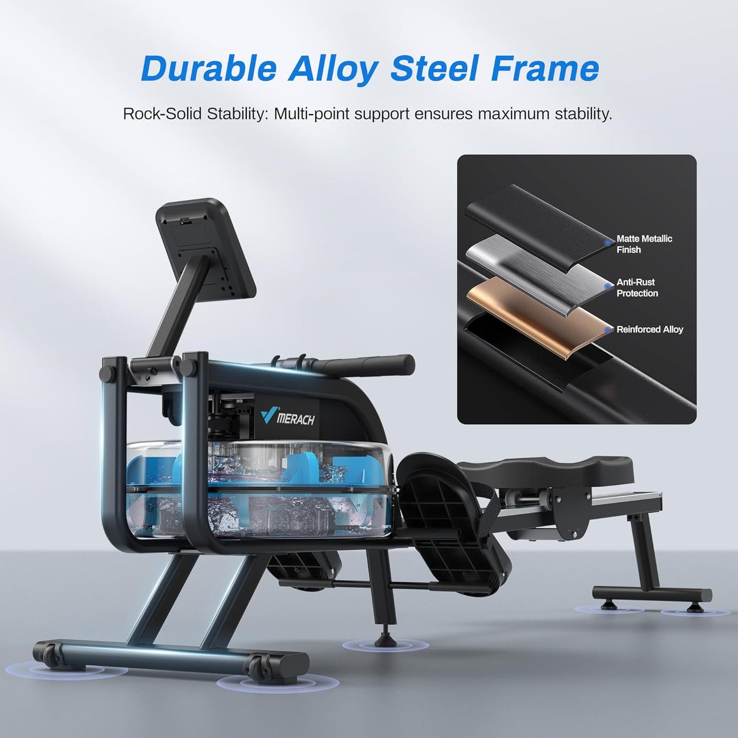 Rowing Machine for Home Gym, Fitness Rower Machine with 6 Levels of Water Resistance, Built-In Monitor, Max 150 Kg Weight Capacity, App Compatible