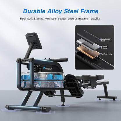 Rowing Machine for Home Gym, Fitness Rower Machine with 6 Levels of Water Resistance, Built-In Monitor, Max 150 Kg Weight Capacity, App Compatible